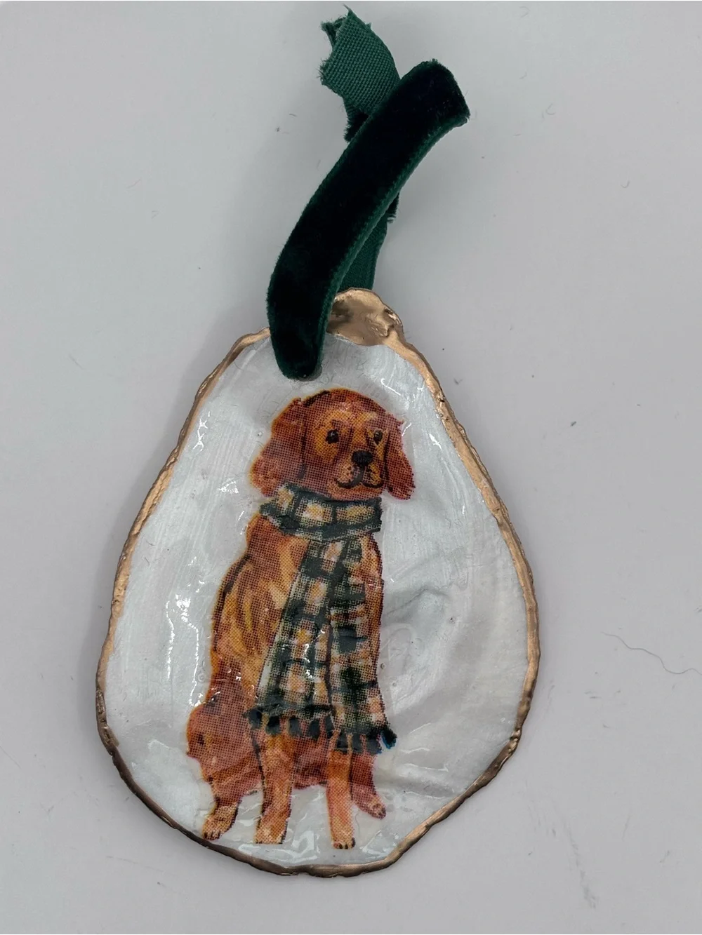 Holiday Oyster Shell Dog Ornament - Green Scarf Design
